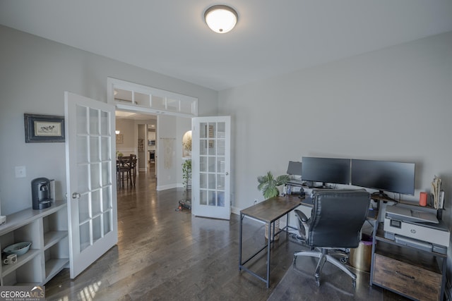 office space featuring french doors, baseboards, and dark wood-style flooring