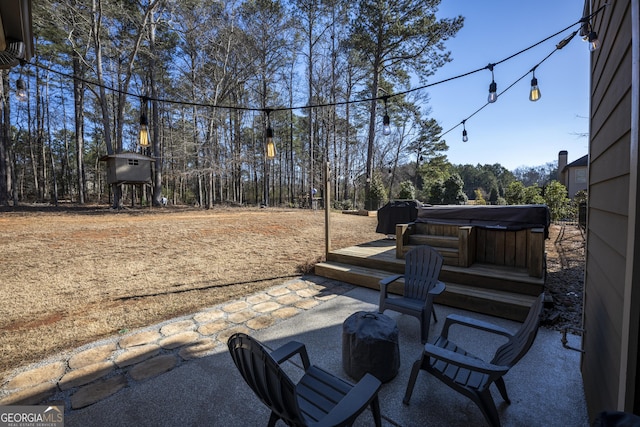 view of patio featuring a hot tub