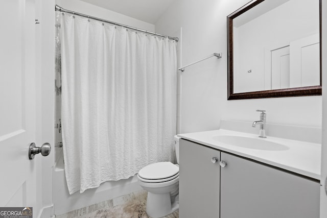 full bathroom featuring shower / bath combination with curtain, vanity, and toilet