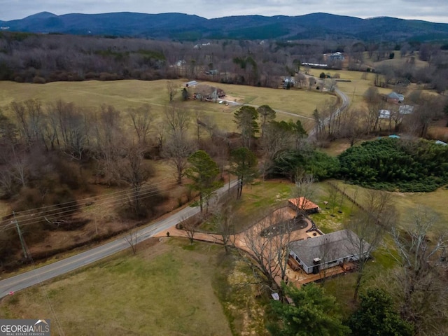 drone / aerial view featuring a mountain view and a rural view
