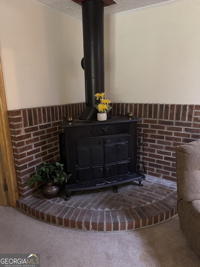 room details with crown molding, carpet, and a wood stove