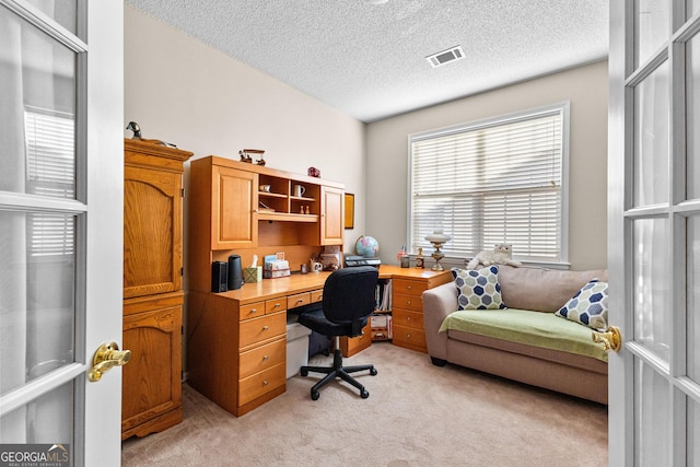 office space featuring light carpet and a textured ceiling