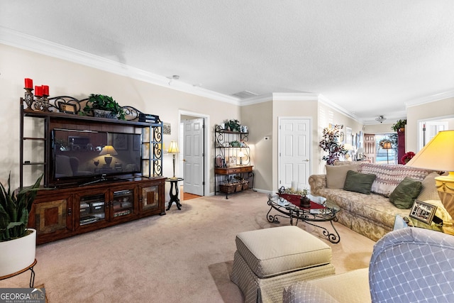 living room with light colored carpet, ornamental molding, and a textured ceiling