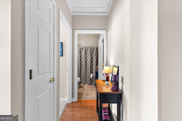 hallway featuring ornamental molding and light hardwood / wood-style floors