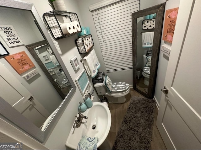 bathroom with wood-type flooring, sink, and toilet