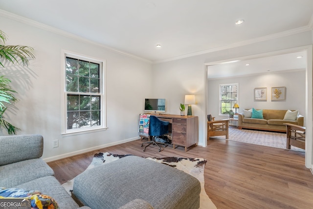 home office with crown molding and hardwood / wood-style flooring