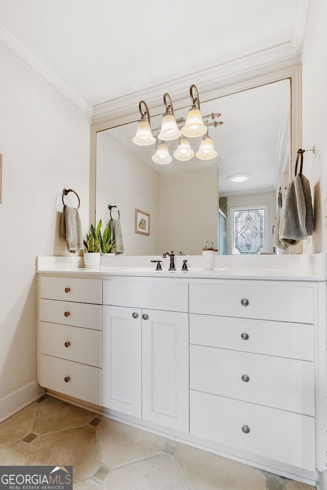 bathroom featuring vanity, an enclosed shower, crown molding, and tile patterned floors