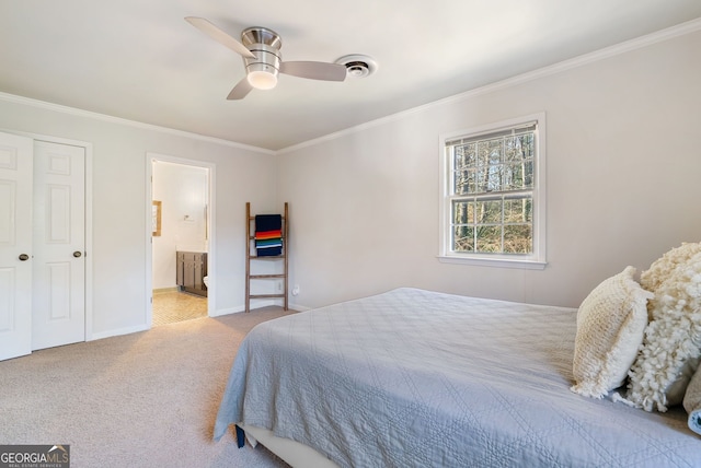 bedroom with light carpet, ornamental molding, and ensuite bathroom