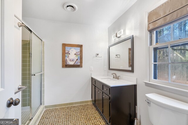 bathroom with vanity, a shower with shower door, and toilet