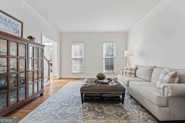 living room with crown molding and hardwood / wood-style floors