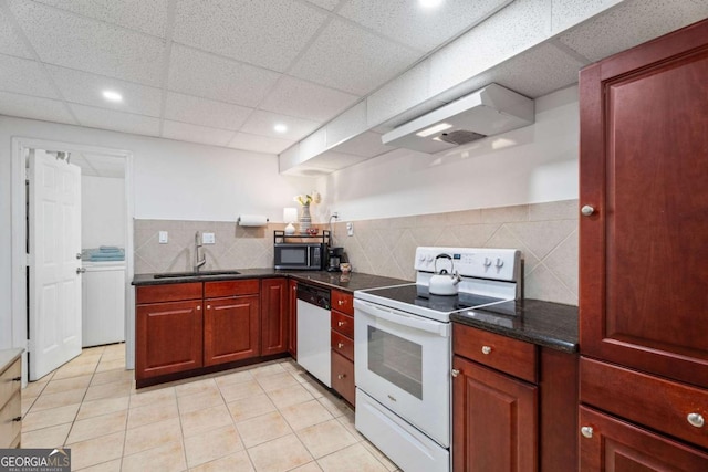 kitchen featuring white electric range, ventilation hood, sink, stainless steel dishwasher, and light tile patterned floors