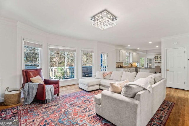 living room with ornamental molding and wood-type flooring