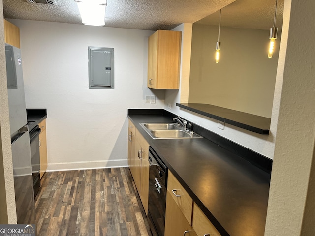 kitchen featuring sink, a textured ceiling, dark hardwood / wood-style flooring, electric panel, and dishwasher