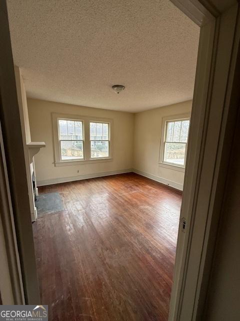 empty room with wood-type flooring, plenty of natural light, and a textured ceiling