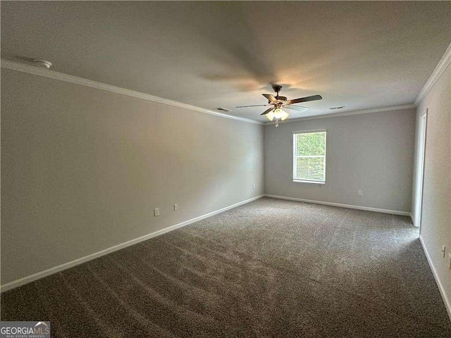 carpeted empty room with crown molding and ceiling fan