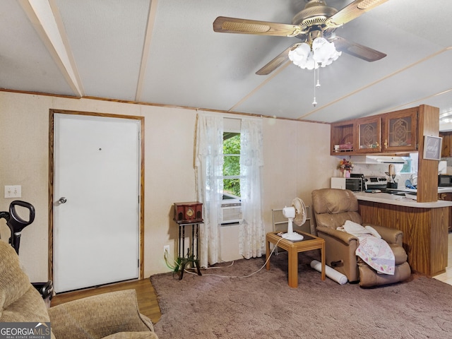 living room with lofted ceiling, cooling unit, ceiling fan, and light hardwood / wood-style flooring