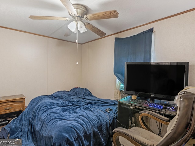 bedroom with ceiling fan and ornamental molding