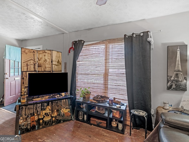 living room with hardwood / wood-style flooring and a textured ceiling