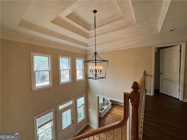 interior space featuring hardwood / wood-style flooring, a tray ceiling, and crown molding