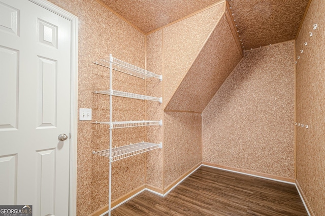 spacious closet with dark wood finished floors and lofted ceiling