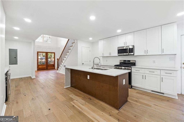 kitchen featuring appliances with stainless steel finishes, white cabinetry, an island with sink, sink, and electric panel