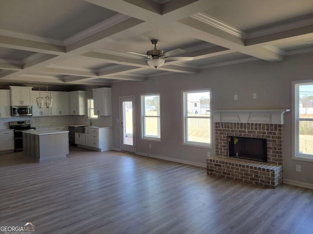 unfurnished living room with plenty of natural light, sink, a fireplace, and light hardwood / wood-style flooring