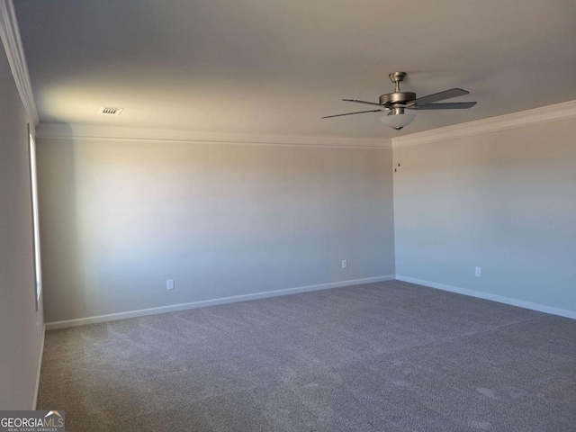 unfurnished room with ceiling fan, ornamental molding, and carpet flooring