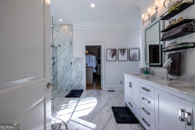 bathroom featuring crown molding, vanity, and walk in shower