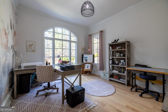 office area featuring ornamental molding and light wood-type flooring