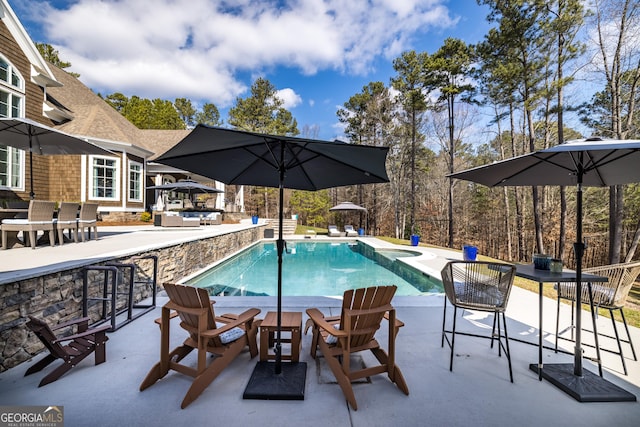 view of pool featuring a patio and exterior bar