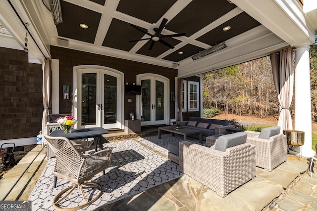 view of patio featuring french doors, ceiling fan, and an outdoor hangout area