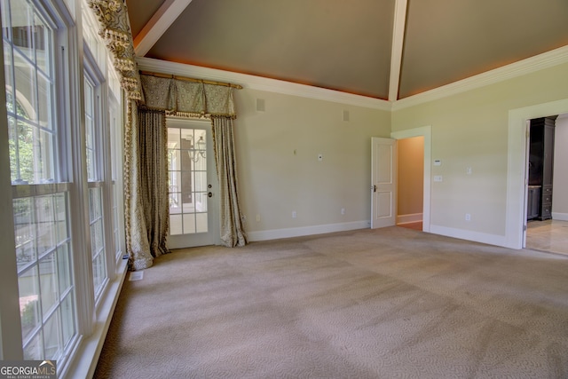 carpeted empty room featuring crown molding and high vaulted ceiling