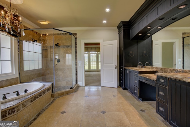 bathroom featuring crown molding, vanity, separate shower and tub, and tile patterned flooring