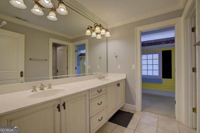 bathroom featuring tile patterned flooring, ornamental molding, and vanity