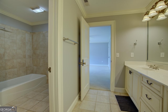 bathroom featuring crown molding, vanity, tiled shower / bath combo, and tile patterned flooring