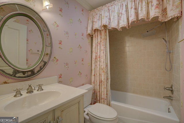 full bathroom with shower / bath combination with curtain, vanity, and toilet