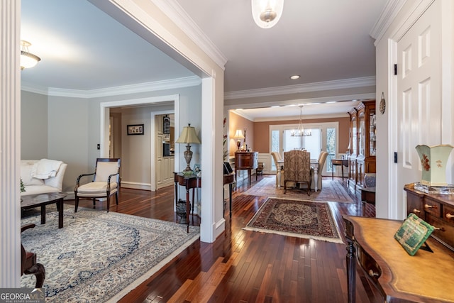 corridor with dark hardwood / wood-style flooring, a notable chandelier, and ornamental molding