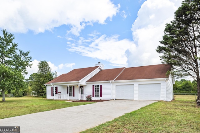 single story home featuring driveway, a chimney, an attached garage, covered porch, and a front lawn