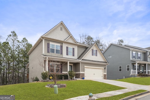 craftsman-style house with a porch, concrete driveway, a garage, and a front lawn