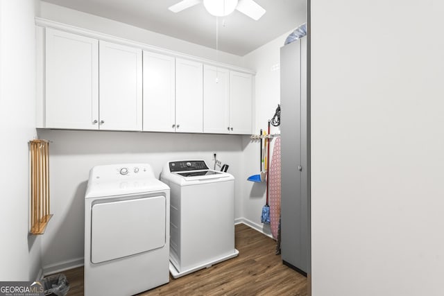 clothes washing area with baseboards, ceiling fan, washer and clothes dryer, dark wood finished floors, and cabinet space