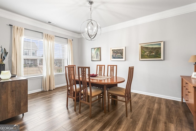 dining area featuring visible vents, baseboards, dark wood-style floors, and crown molding