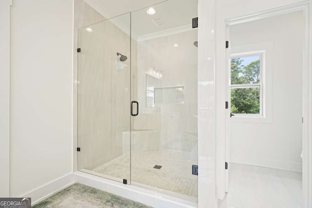 full bath featuring recessed lighting, a shower stall, and baseboards