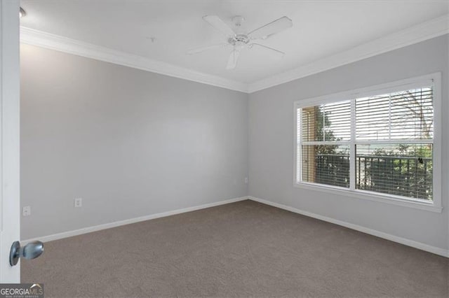 carpeted spare room with ornamental molding and ceiling fan