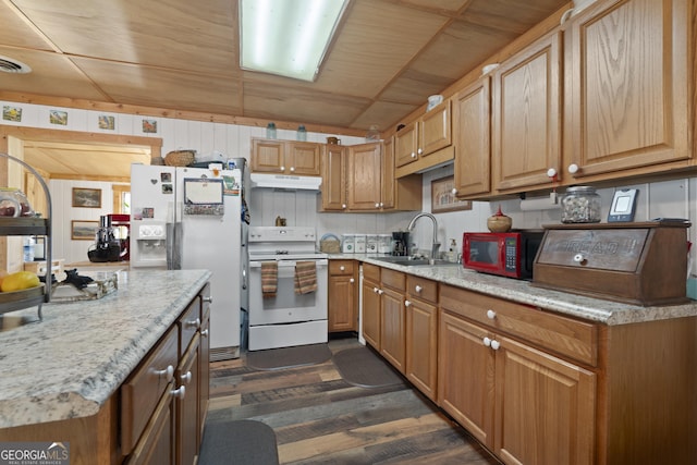 kitchen featuring dark wood-type flooring, sink, wood walls, wooden ceiling, and white appliances