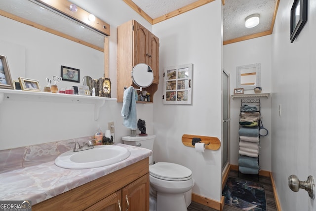 bathroom featuring a shower with door, vanity, a textured ceiling, and toilet