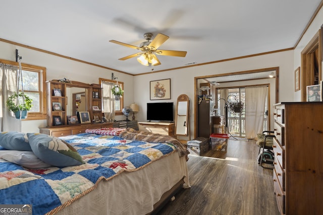 bedroom featuring dark wood-type flooring and crown molding