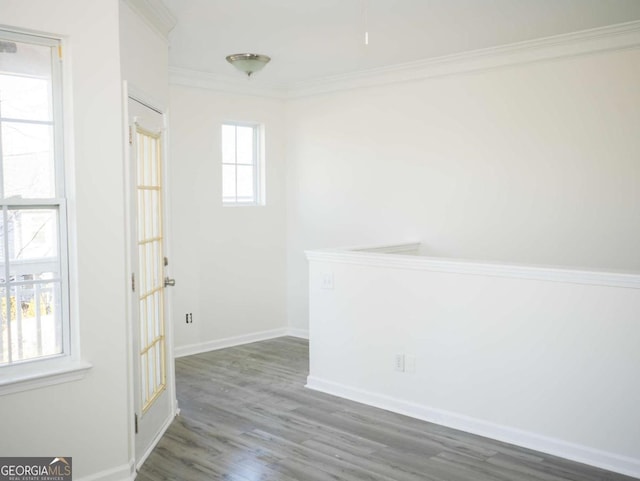 entrance foyer featuring ornamental molding and dark hardwood / wood-style flooring