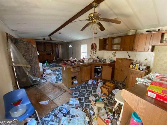 miscellaneous room featuring lofted ceiling with beams and ceiling fan