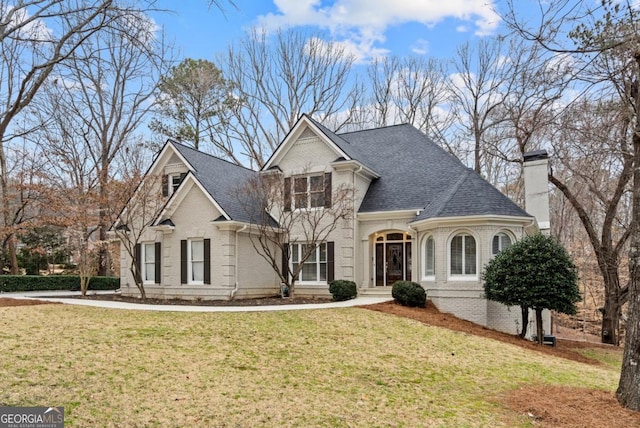 view of front of house with a front yard, brick siding, a chimney, and roof with shingles