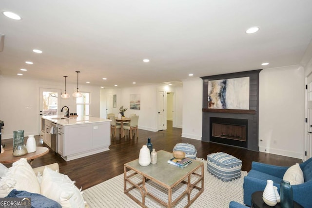 living room with dark wood-type flooring, a fireplace, and sink